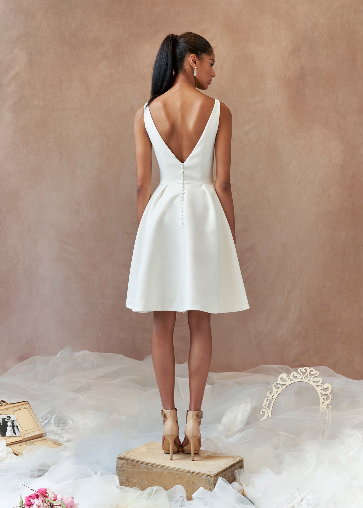 Flirty Pique Mikado Short A-Line Dress with Pockets - Back