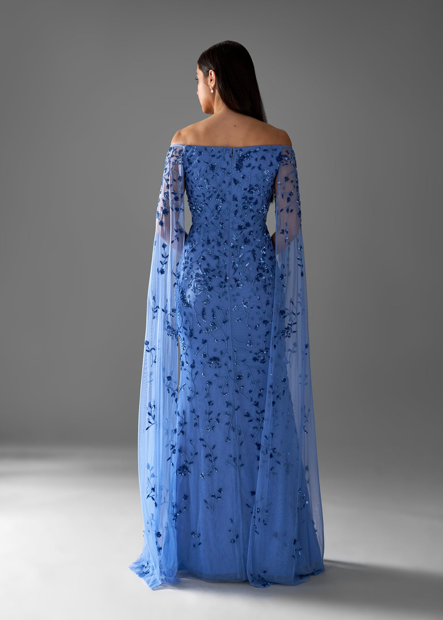 Beaded Sheath Gown with Off-Shoulder Neckline & Veil Sleeves | Evening Gown | Lotus Threads