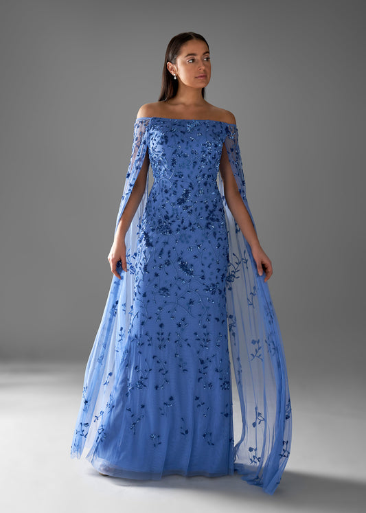 Beaded Sheath Gown with Off-Shoulder Neckline & Veil Sleeves | Evening Gown | Lotus Threads