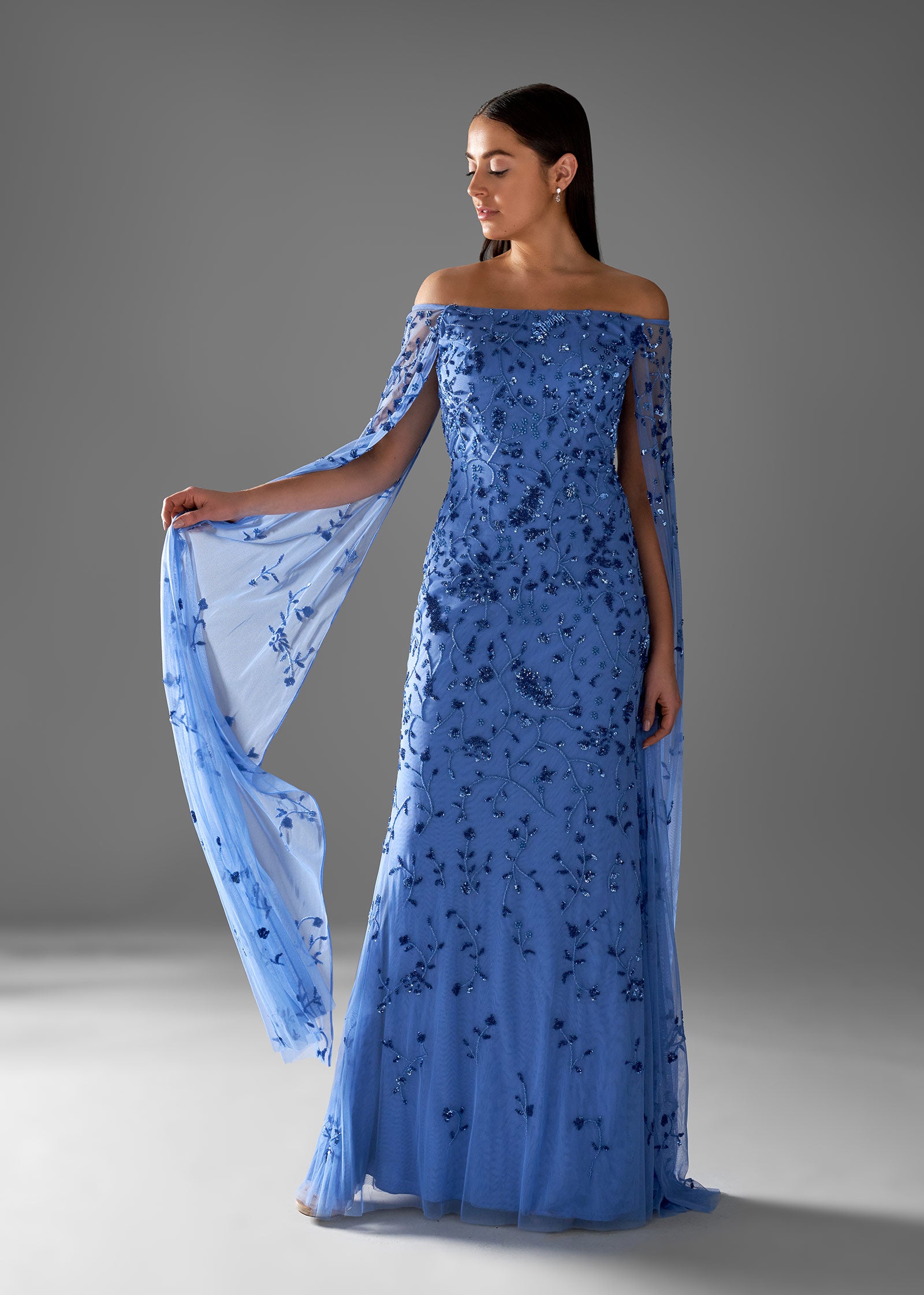 Beaded Sheath Gown with Off-Shoulder Neckline & Veil Sleeves – Lotus Threads Bridal Beaded Sheath Gown with Off-Shoulder Neckline & Veil Sleeves – Lotus Threads Bridal