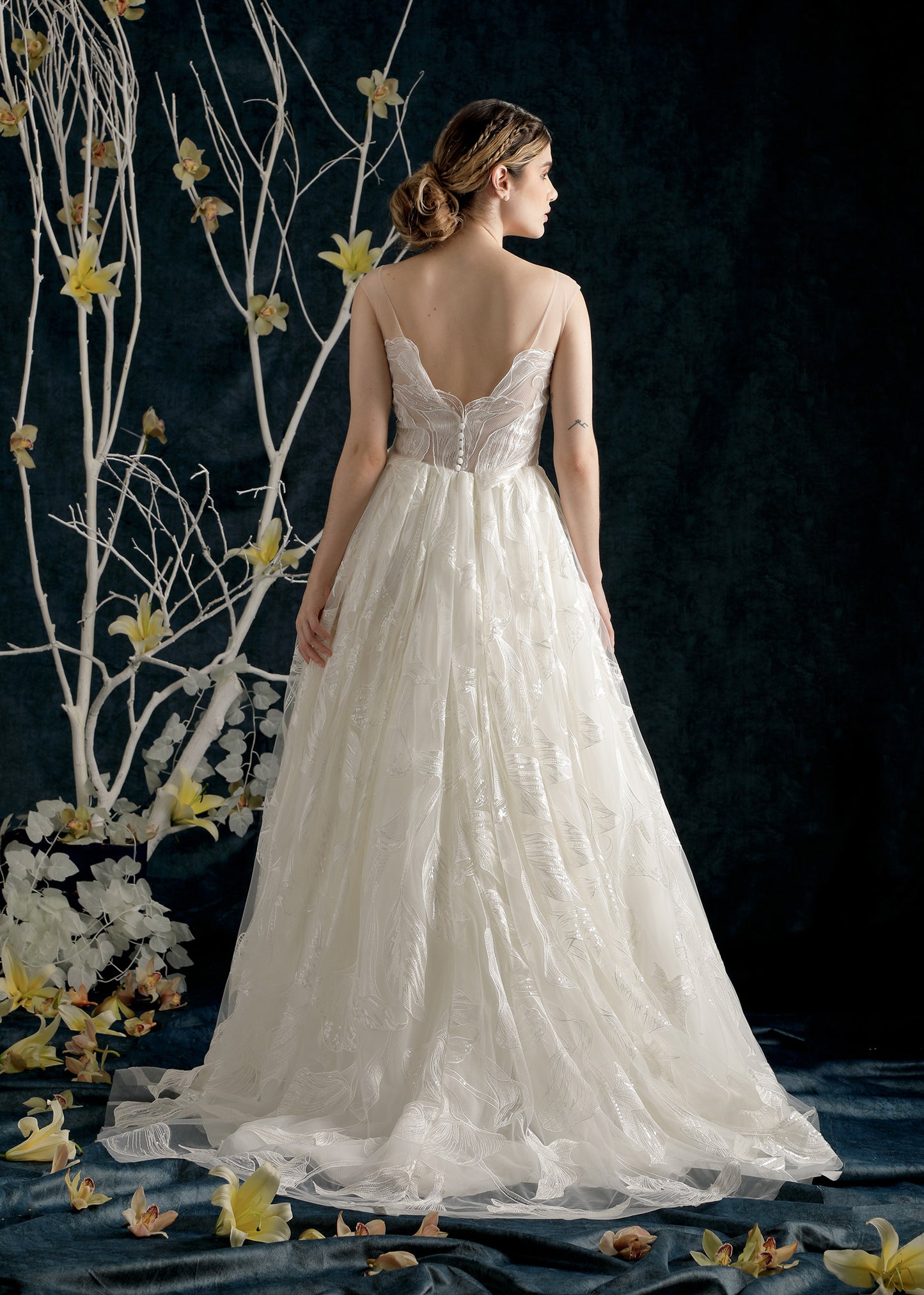 Sweetheart Ball Gown in Soft Tulle and Hand-Cut Floral Lace - Back | Lotus Threads