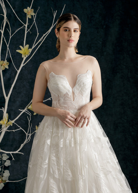 Sweetheart Ball Gown in Soft Tulle and Hand-Cut Floral Lace - Closeup | Lotus Threads Bridal