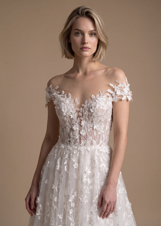 Floral Embroidered Lace A-line Gown with 3D Florals