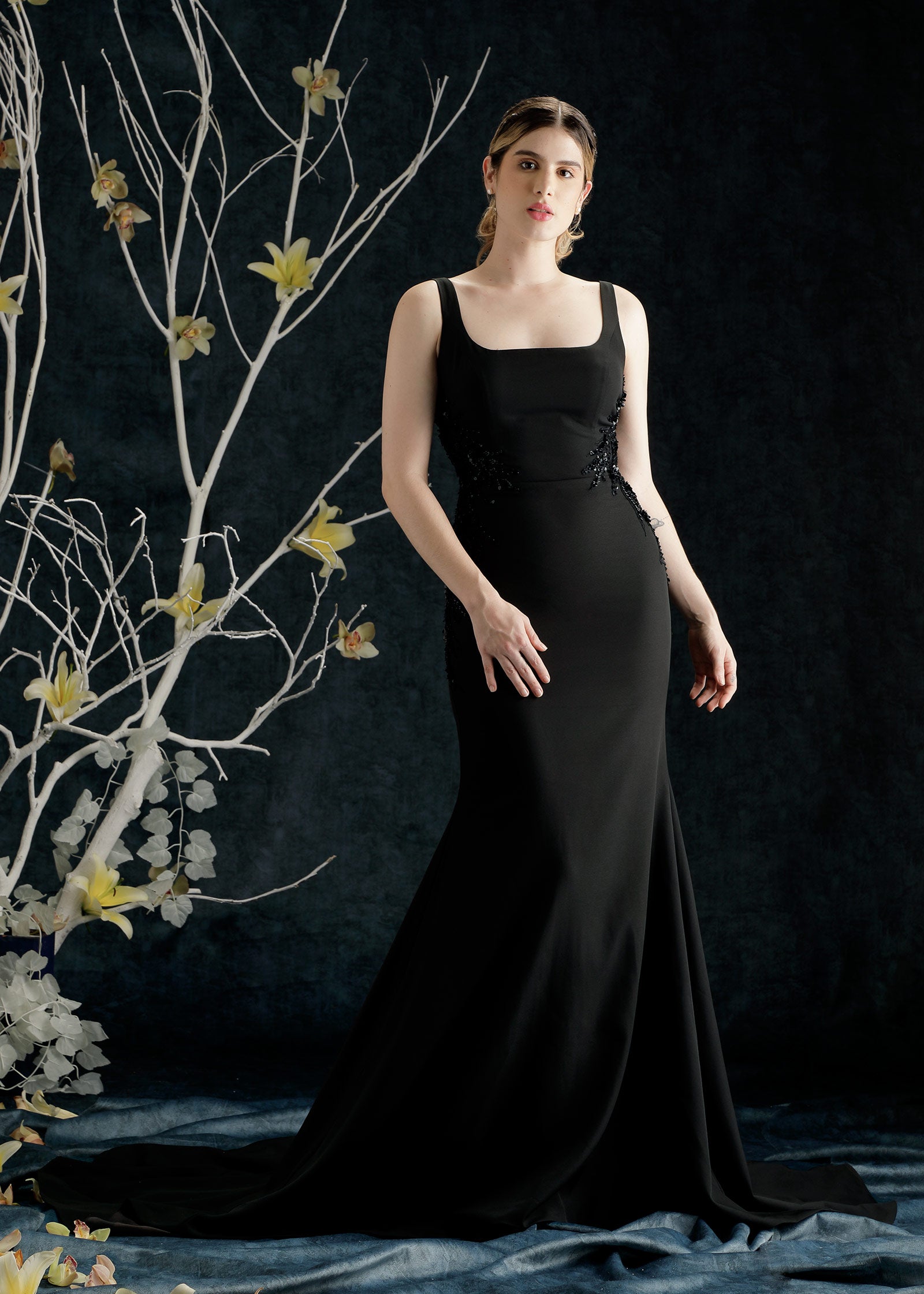 Elegant Mermaid Crepe Gown with Square Neckline Lotus Threads Bridal Elegant Mermaid Crepe Gown with Square Neckline Lotus Threads Bridal