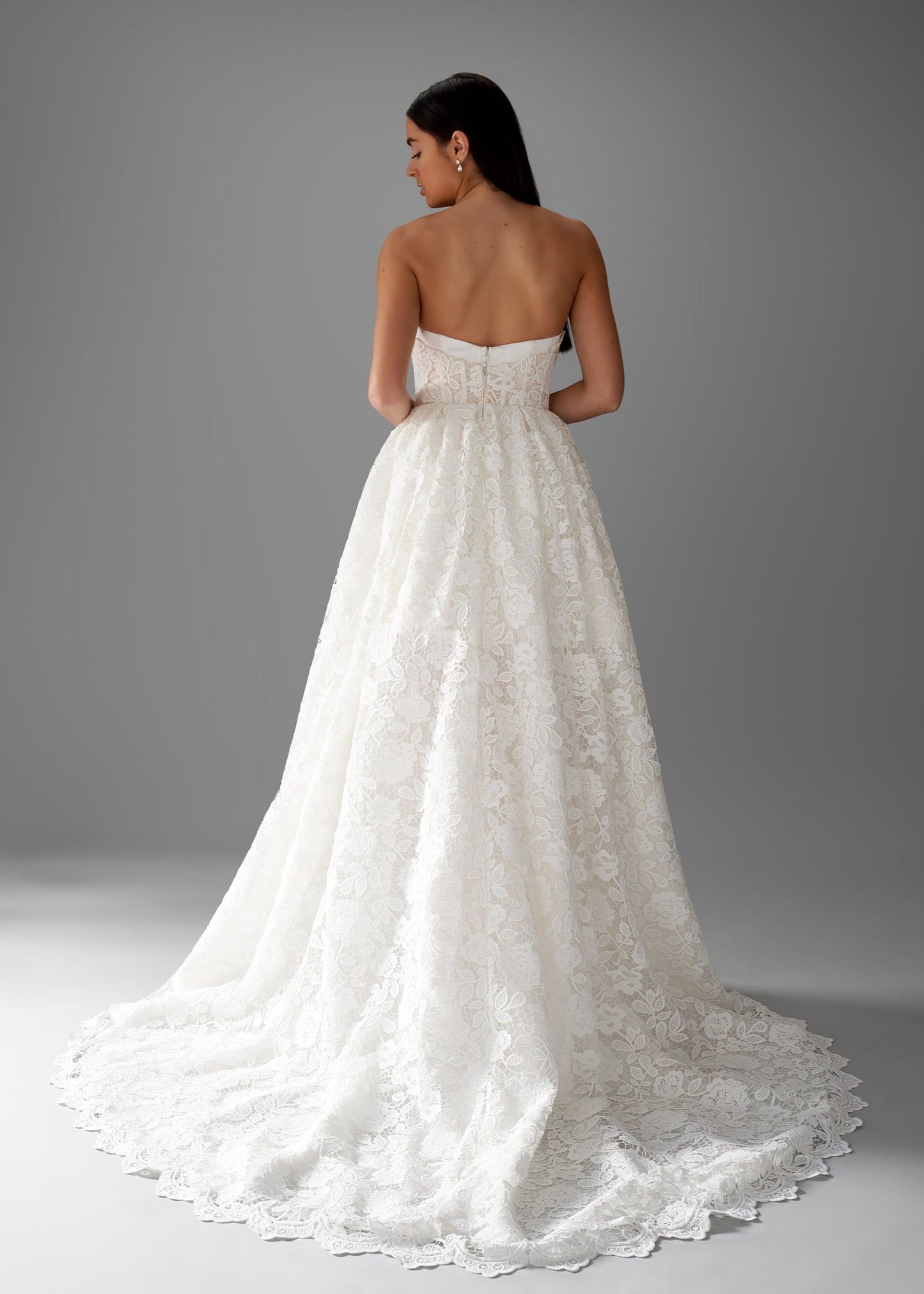 Satin Tulip Dress with Corseted Lace Overlay in A-line Weddding Dress - Back | Lotus Threads Bridal