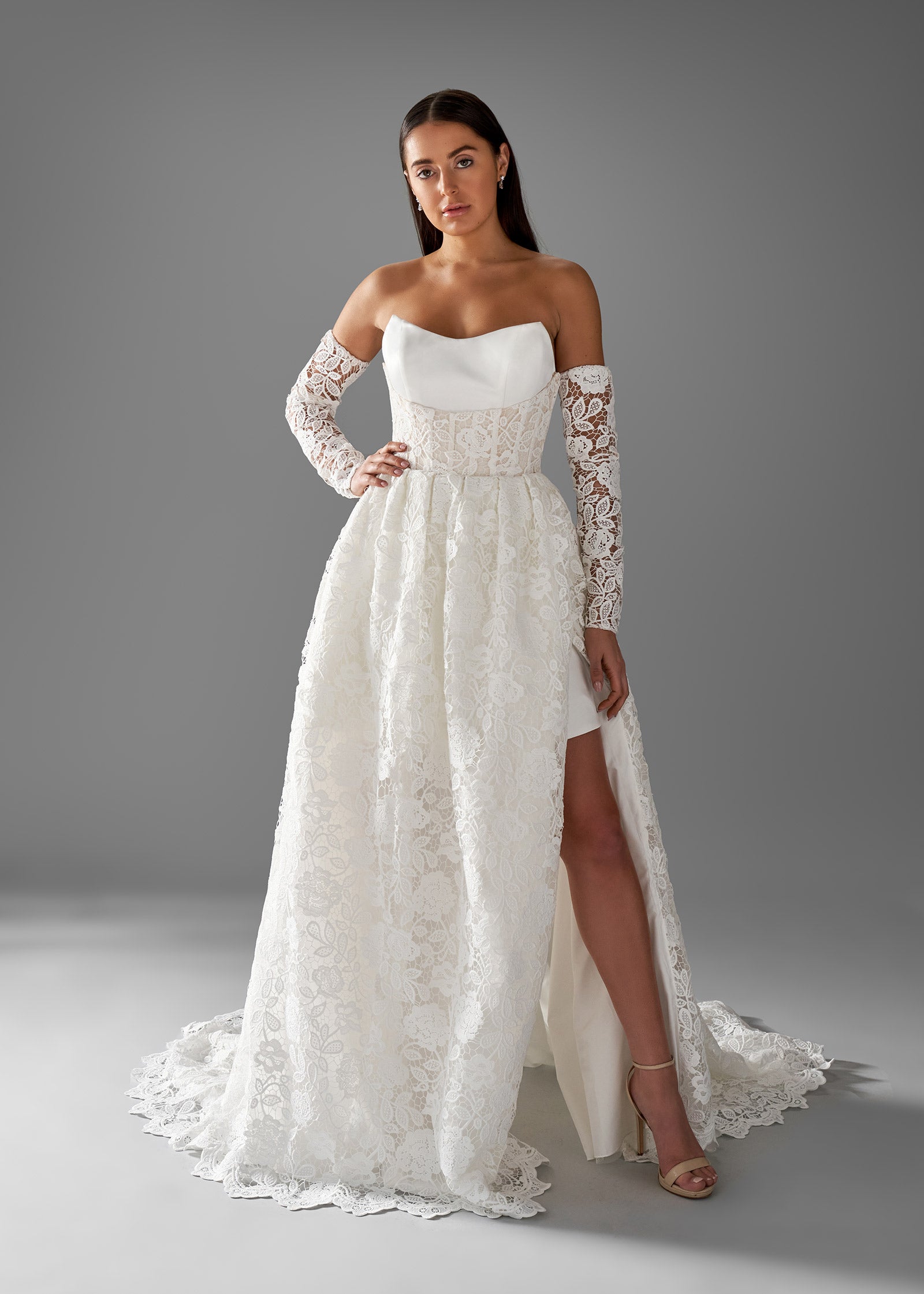 Satin Tulip Dress with Corseted Lace Overlay in A-line Gown Lotus Threads Bridal Satin Tulip Dress with Corseted Lace Overlay in A-line Gown Lotus Threads Bridal