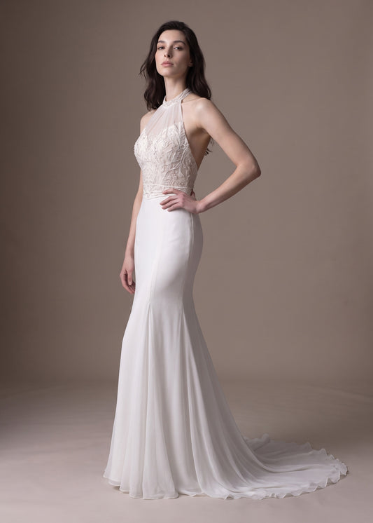 Halter Chiffon Mermaid Gown with Hand-Beaded Florals