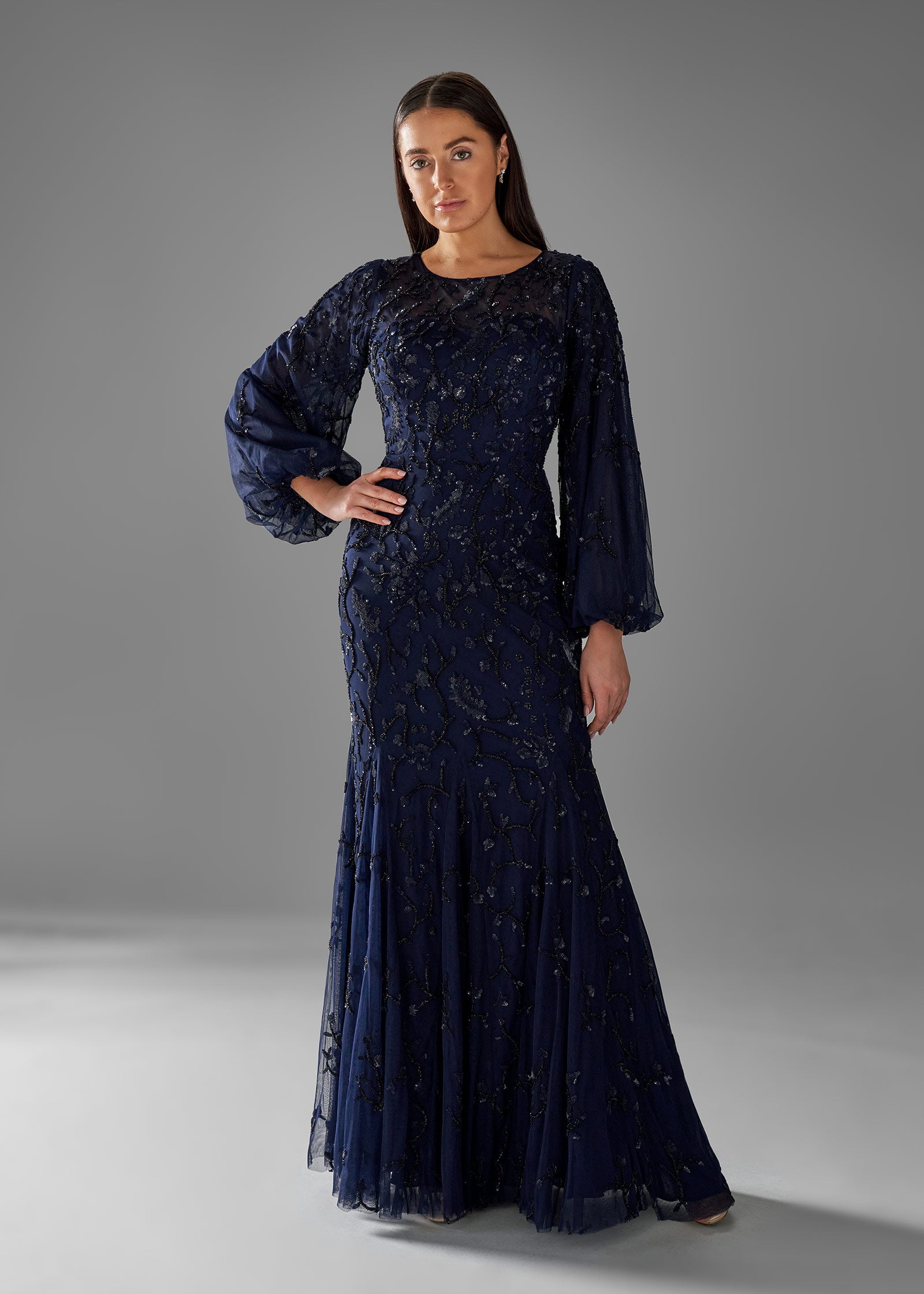 Beaded Fit and Flare Gown with Lantern Sleeves Lotus Threads Bridal Beaded Fit and Flare Gown with Lantern Sleeves Lotus Threads Bridal
