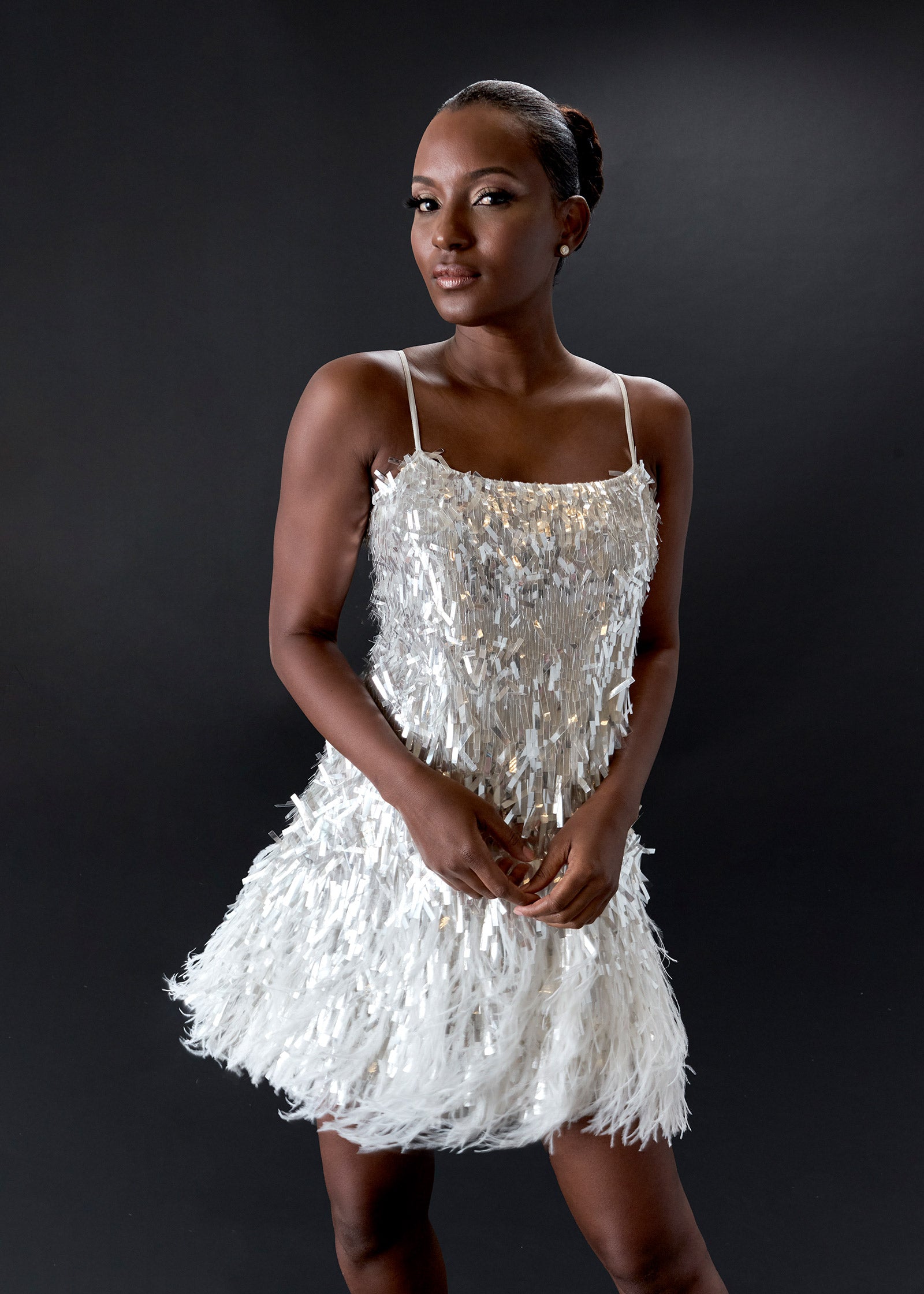 Fun, Flirty Mini Dress with Sequins and Feather Skirt Lotus Threads Bridal Fun, Flirty Mini Dress with Sequins and Feather Skirt Lotus Threads Bridal