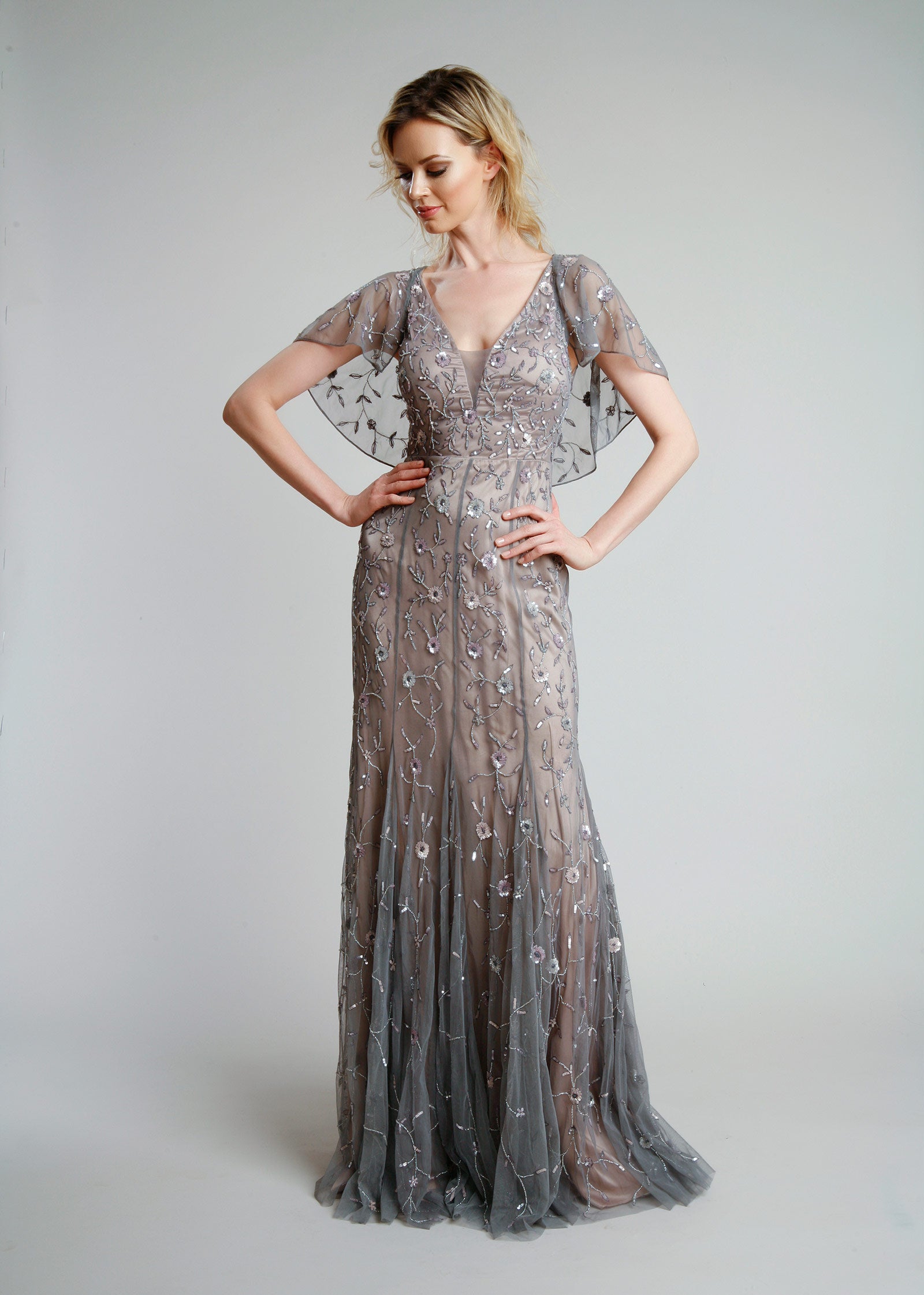 Floral Beaded V-Neck Gown with Capelet Sleeves Lotus Threads Bridal Floral Beaded V-Neck Gown with Capelet Sleeves Lotus Threads Bridal