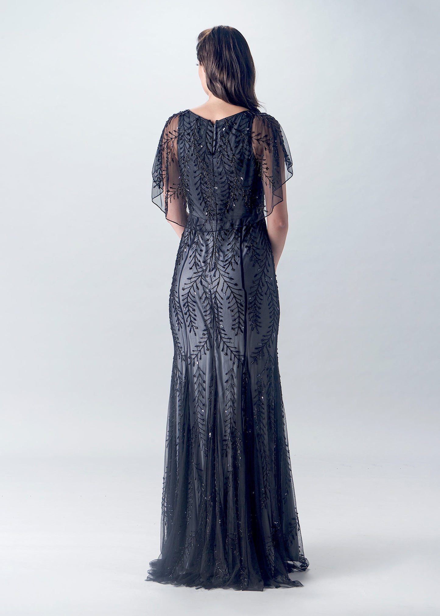 Embellished Fit and Flare Gown with V-Neck and Sheer Cape | Evening Gown | Lotus Threads