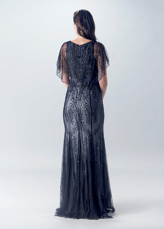 Embellished Fit and Flare Gown with V-Neck and Sheer Cape | Evening Gown | Lotus Threads