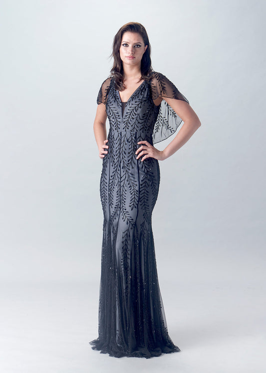 Embellished Fit and Flare Gown with V-Neck and Sheer Cape | Evening Gown | Lotus Threads