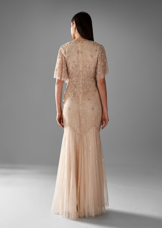 Beaded Fit-to-Flare Gown with Flutter Sleeves - Champagne Color - back | Evening Gown | Lotus Threads