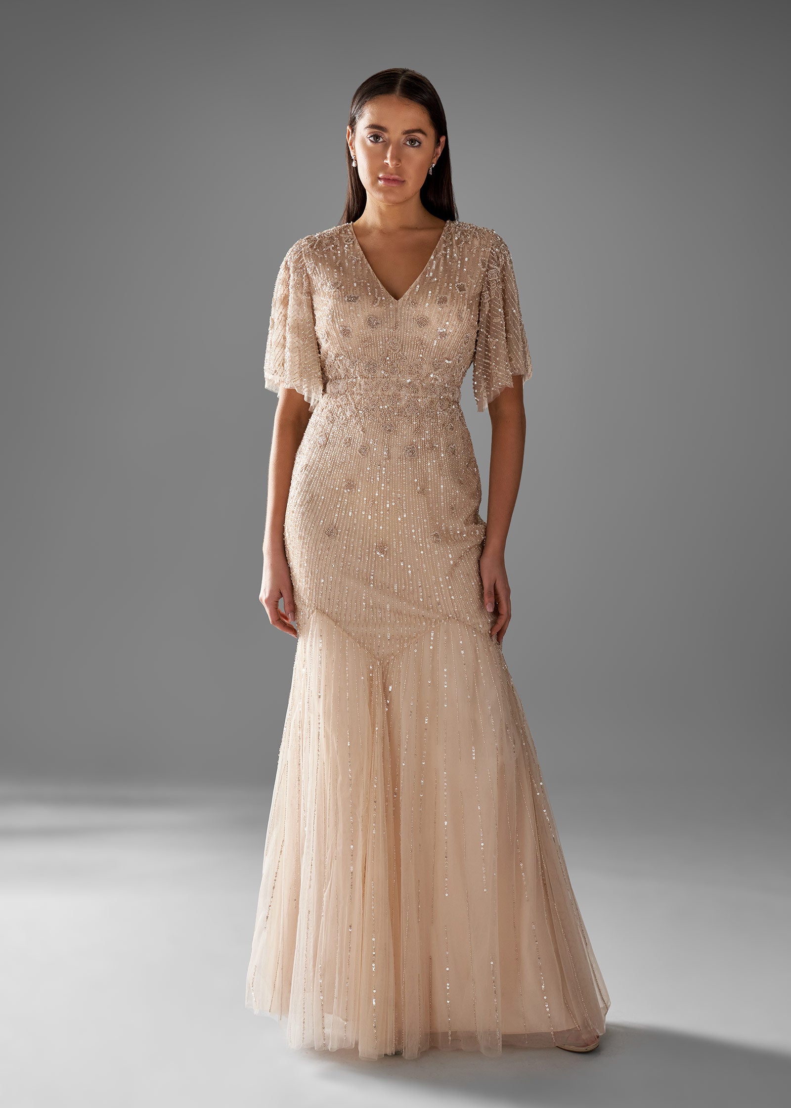 Beaded Fit-to-Flare Gown with Flutter Sleeves Lotus Threads Bridal Beaded Fit-to-Flare Gown with Flutter Sleeves Lotus Threads Bridal