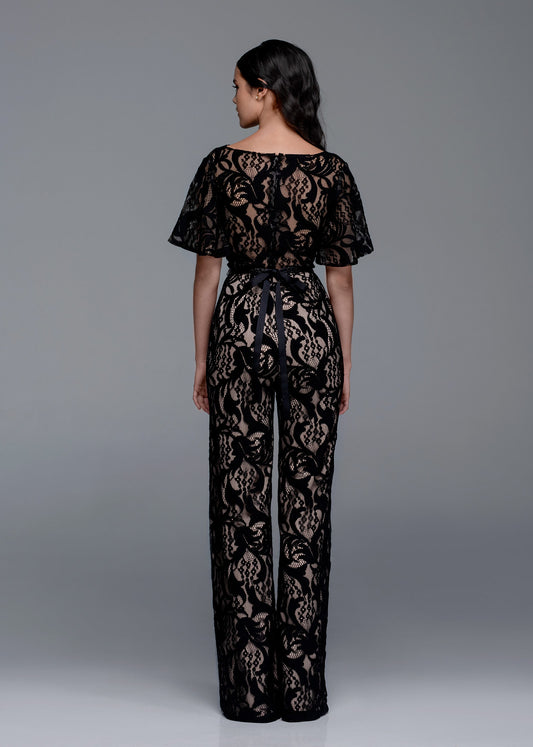Lace Bell Sleeve Jumpsuit with Beaded Belt Detail