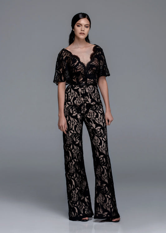 Lace Bell Sleeve Jumpsuit with Beaded Belt Detail | Black | Lotus Threads