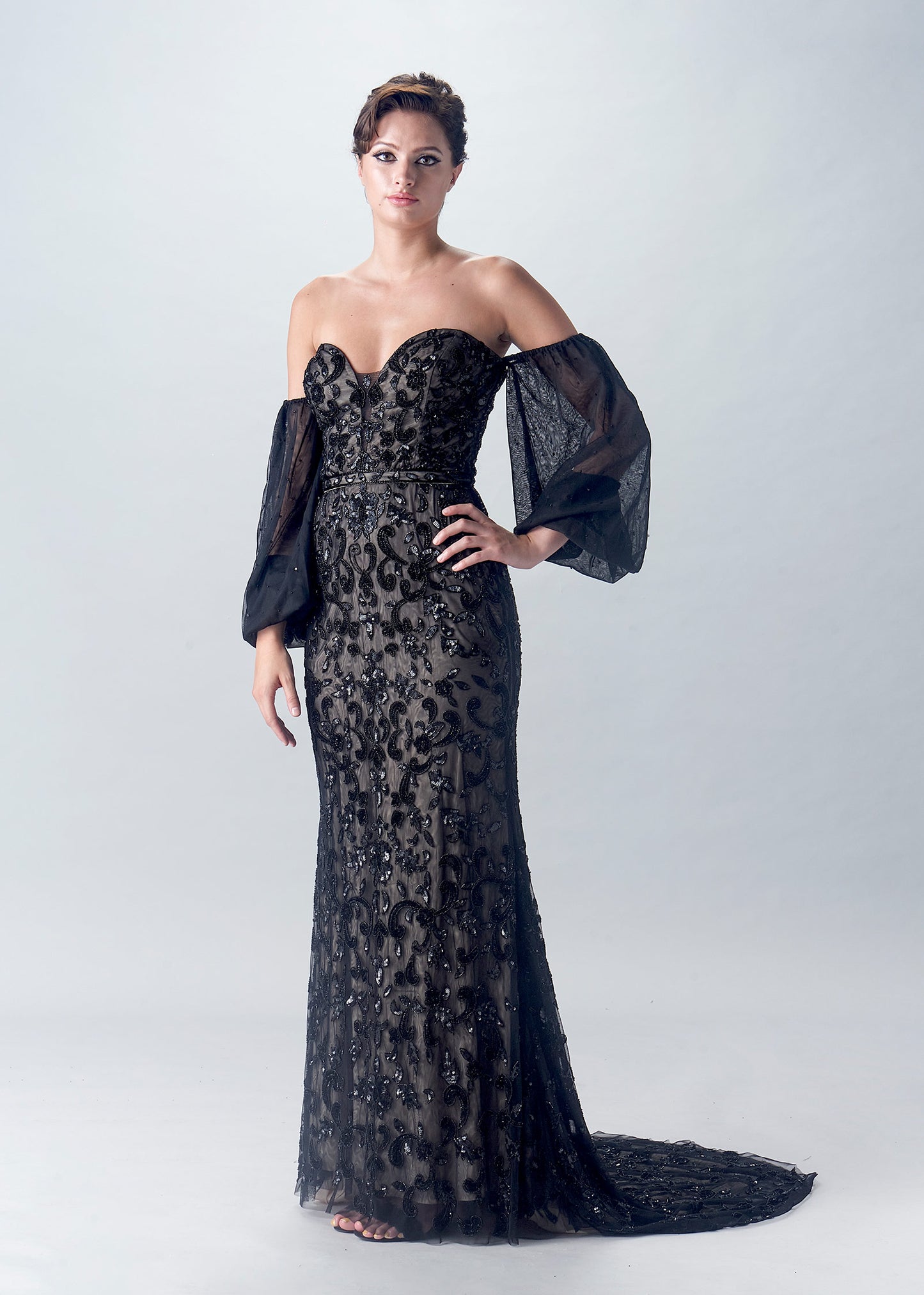 Black Floral Embellished Mermaid Dress with Sweetheart Neckline and detacheble sleeves | Evening Gown | Lotus Threads