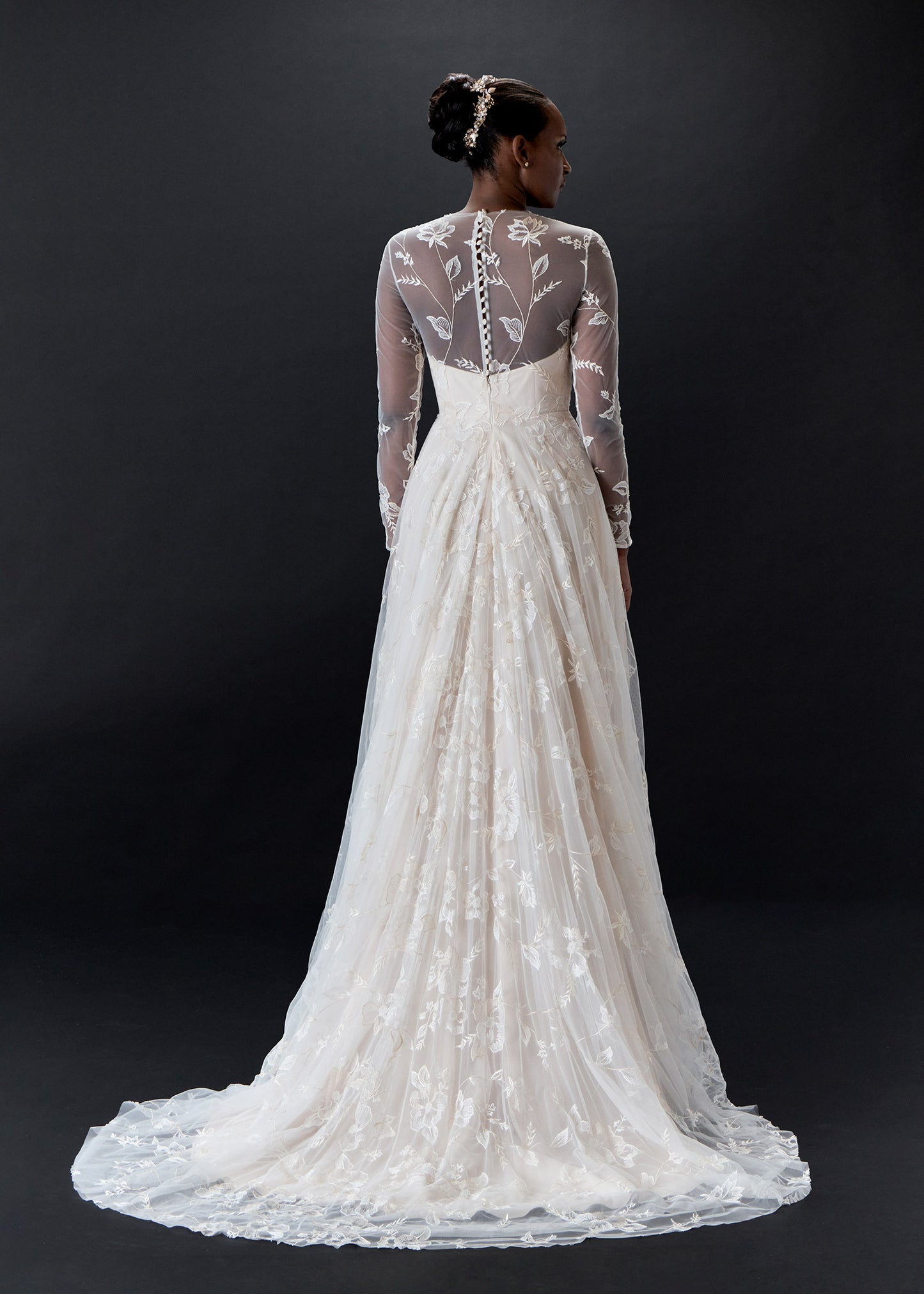 Long sleeve Illusion Embroidered A-Line Wedding Dress - back