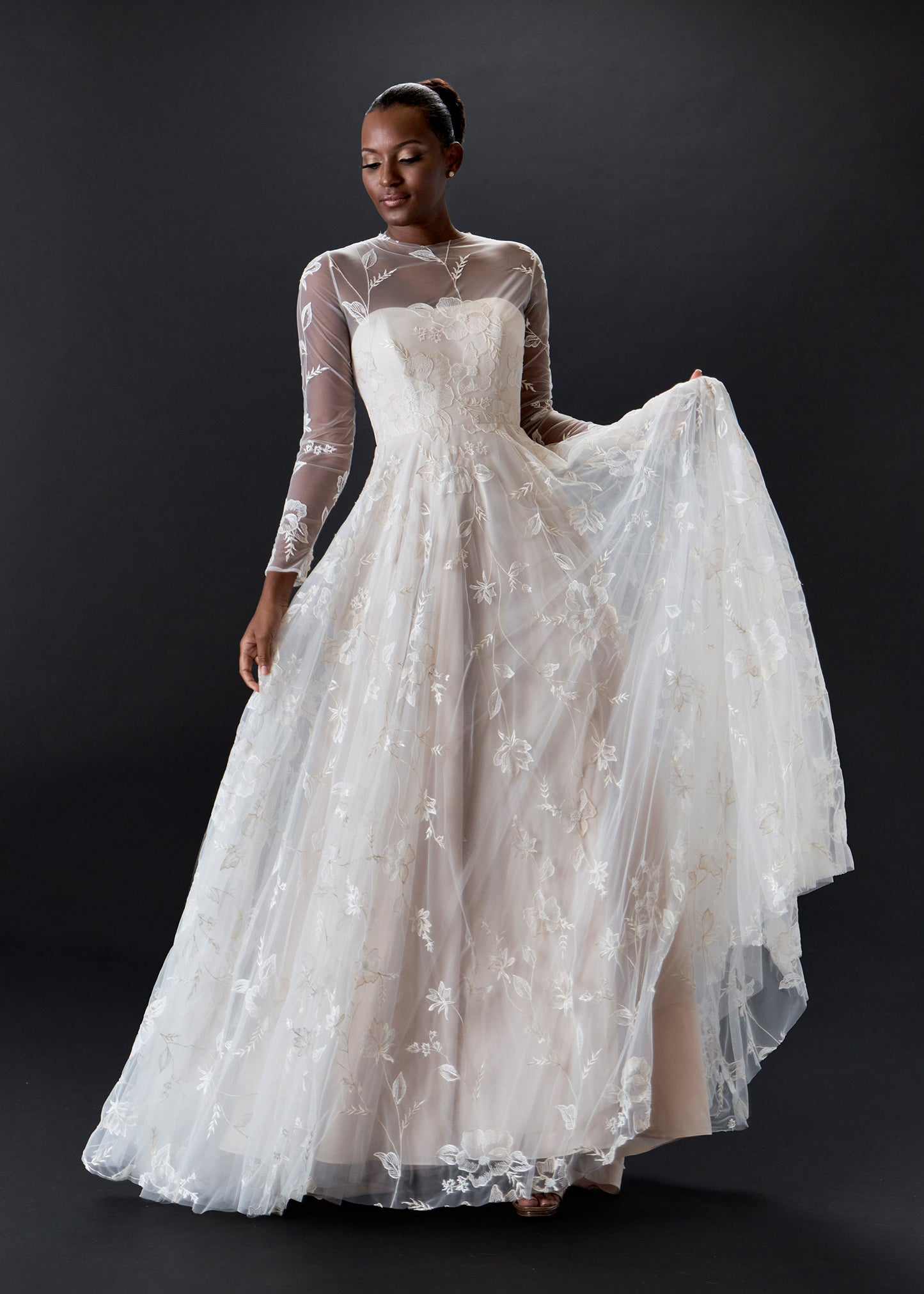 Long sleeve Illusion Embroidered A-Line Wedding Dress - Nude color | Lotus Threads Bridal