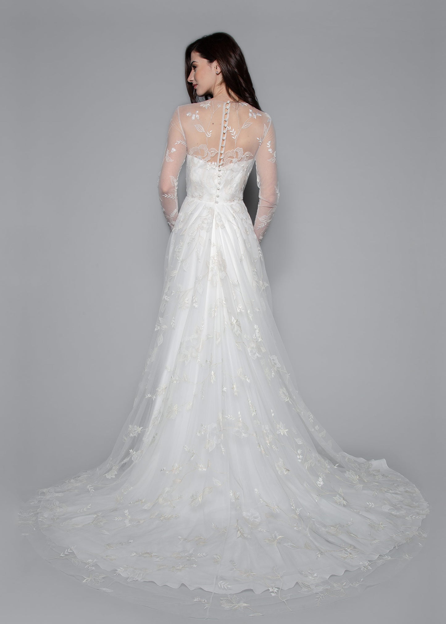 Long sleeve Illusion Embroidered A-Line Wedding Dress - back | Lotus Threads Bridal