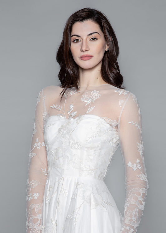 Long sleeve Illusion Embroidered A-Line Wedding Dress - Details | Lotus Threads Bridal