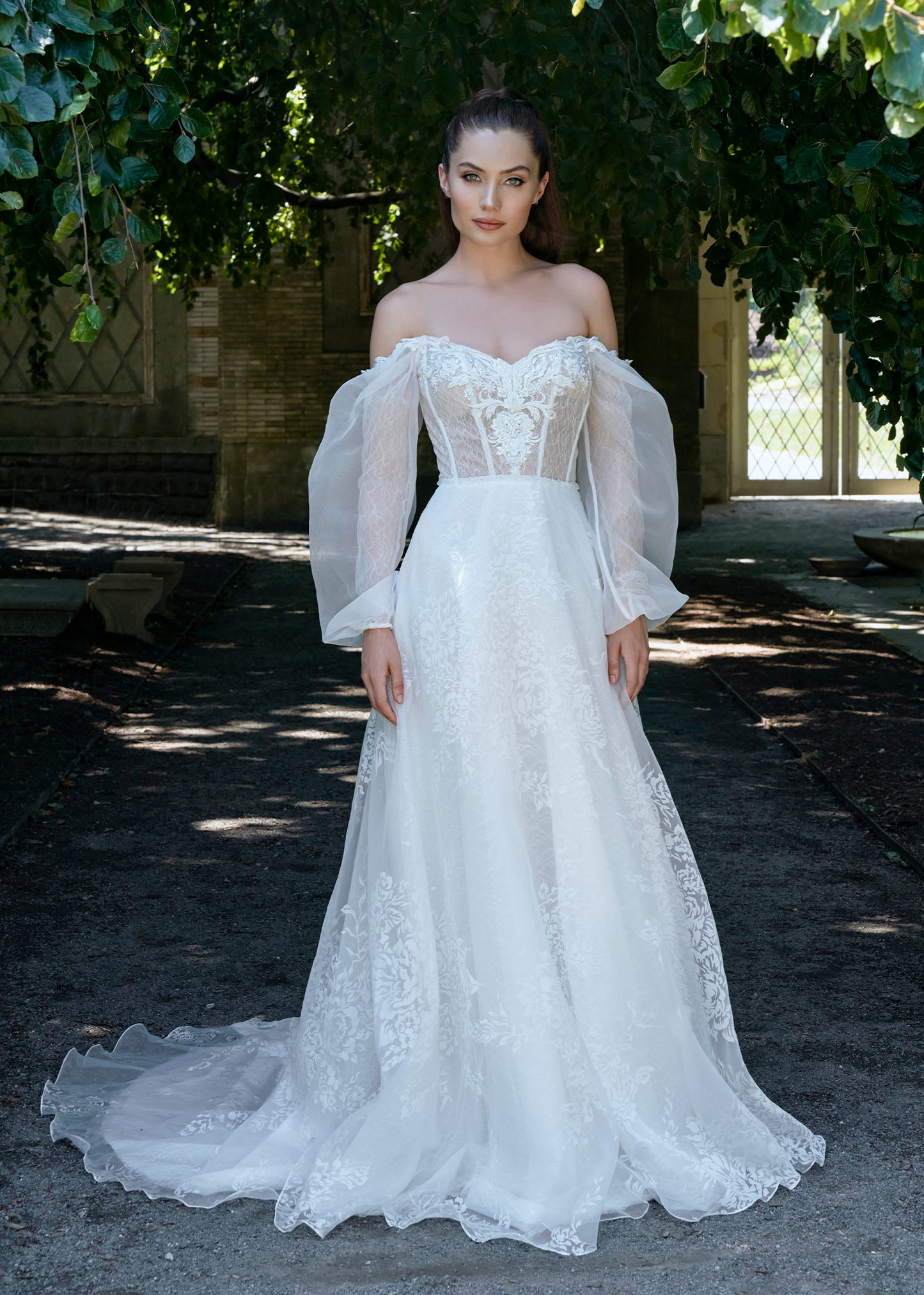 A-Line Organza Wedding Dress with Off-the-Shoulder Sweetheart Neckline | Romantic wedding dress | Lotus Threads Bridal
