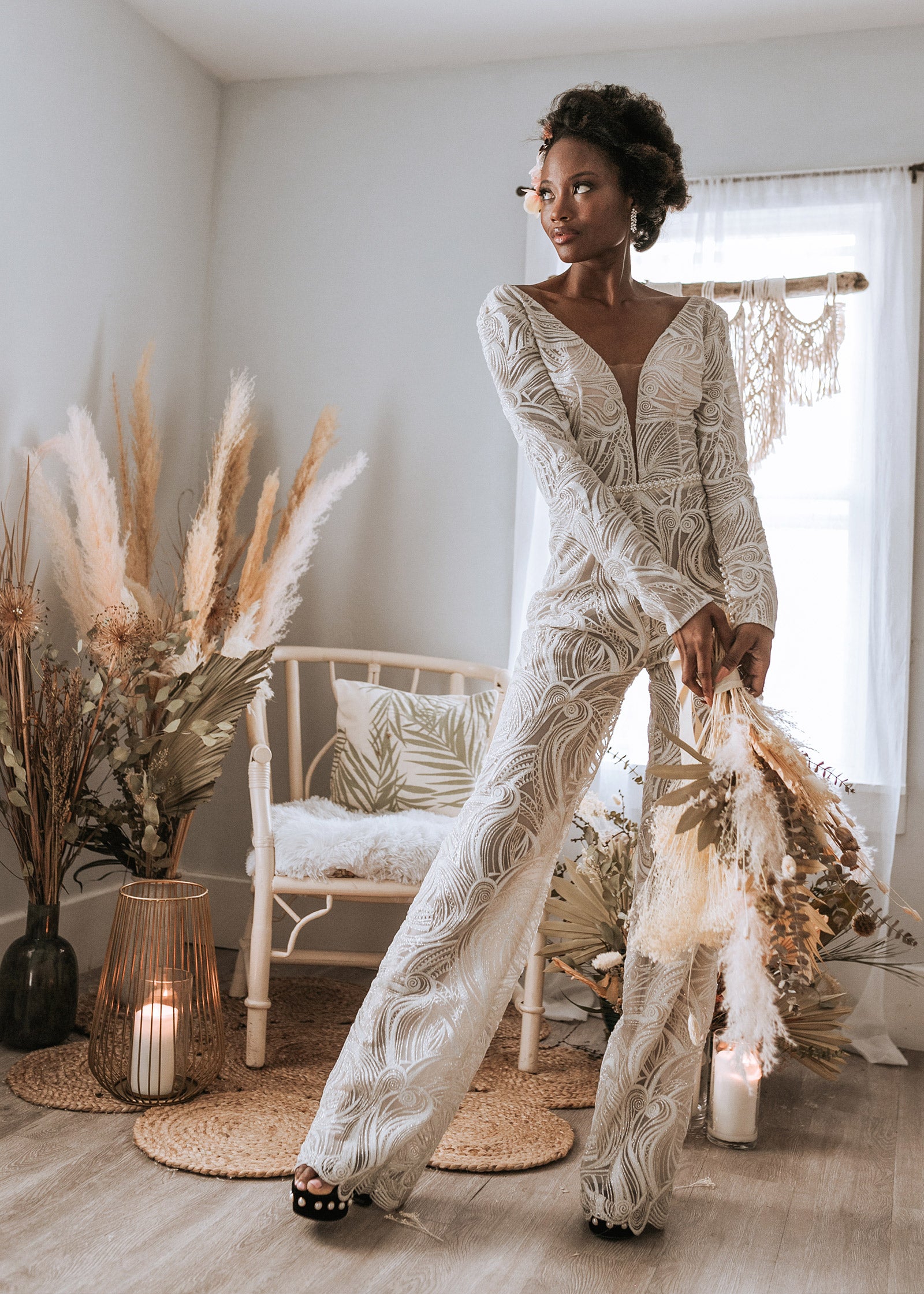 Deep Neckline Jumpsuit with Sheer Flared Pants Lotus Threads Bridal Deep Neckline Jumpsuit with Sheer Flared Pants Lotus Threads Bridal