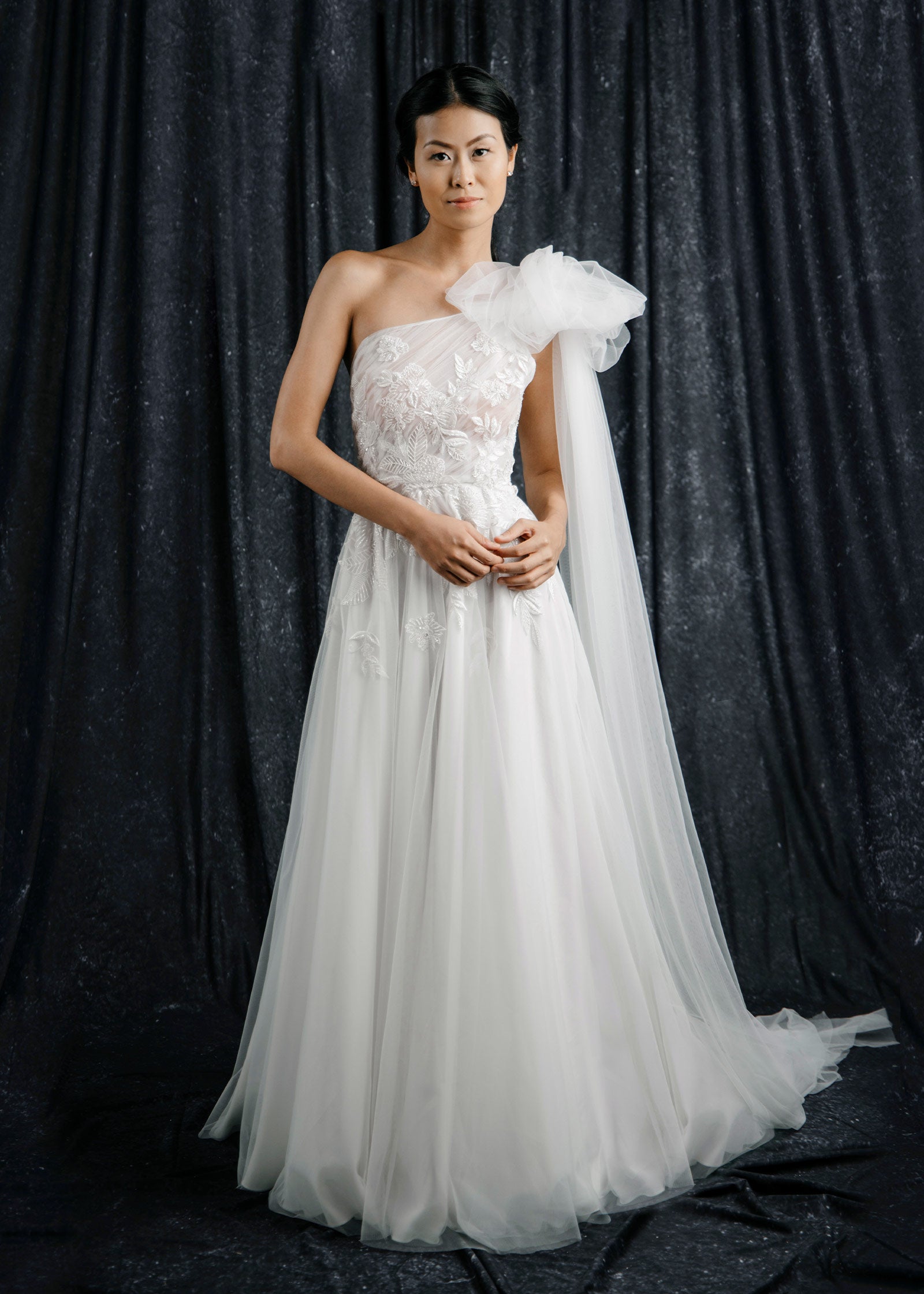 One-Shoulder A-line Wedding Dress with Floral Embellishments Lotus Threads Bridal One-Shoulder A-line Wedding Dress with Floral Embellishments Lotus Threads Bridal