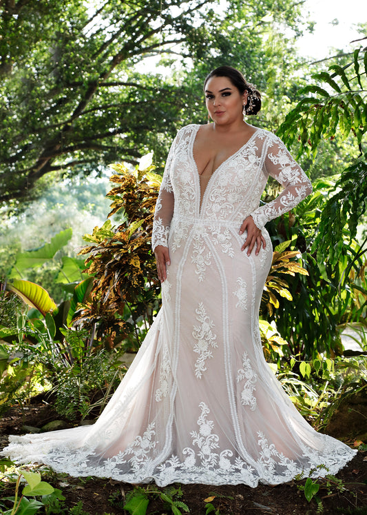 Floral Lace Mermaid Wedding Dress with Sparkle Tulle | Lotus Threads Bridal