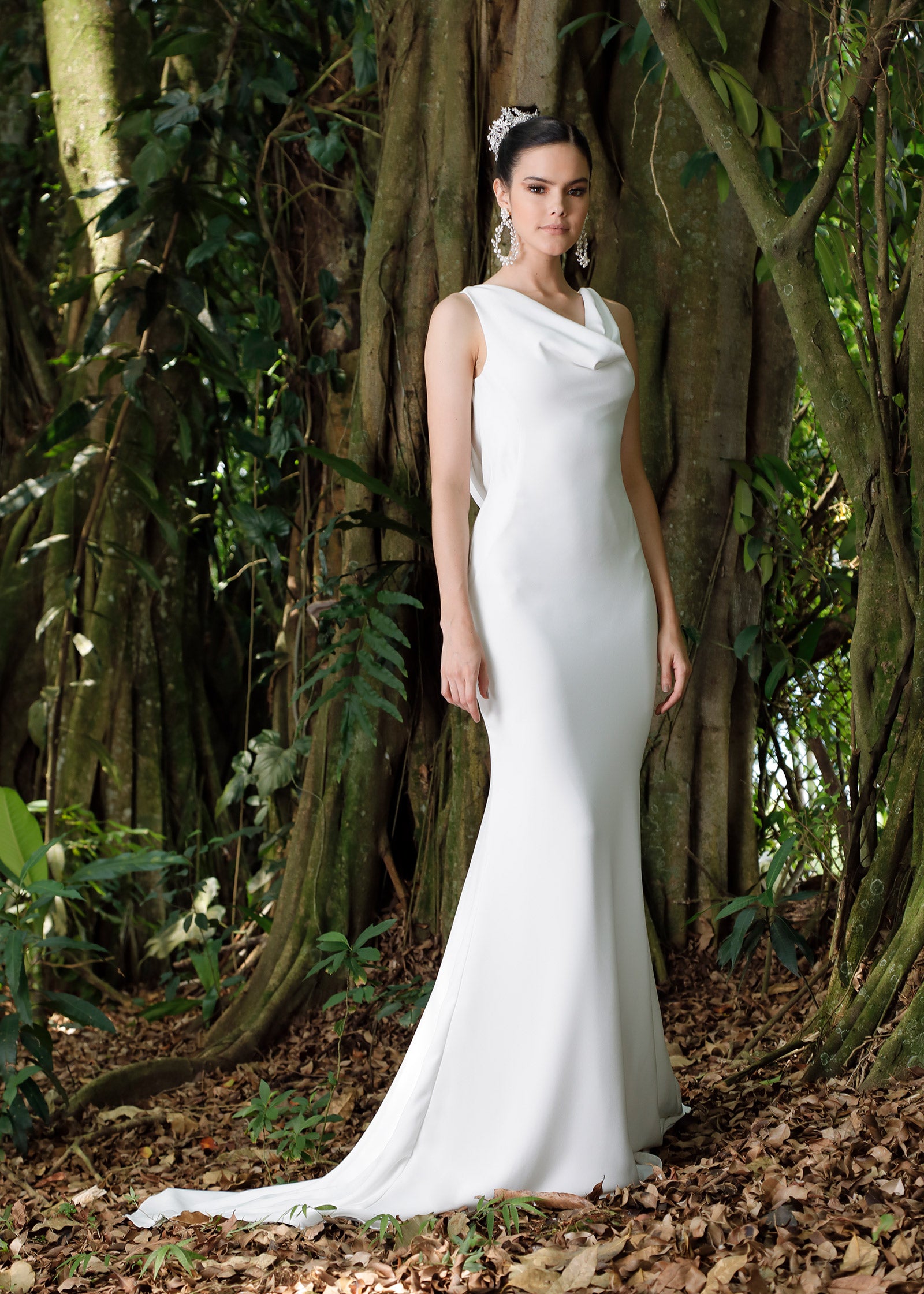 Crepe Mermaid Wedding Dress with Front and Back Cowl-Neck Lotus Threads Bridal Crepe Mermaid Wedding Dress with Front and Back Cowl-Neck Lotus Threads Bridal