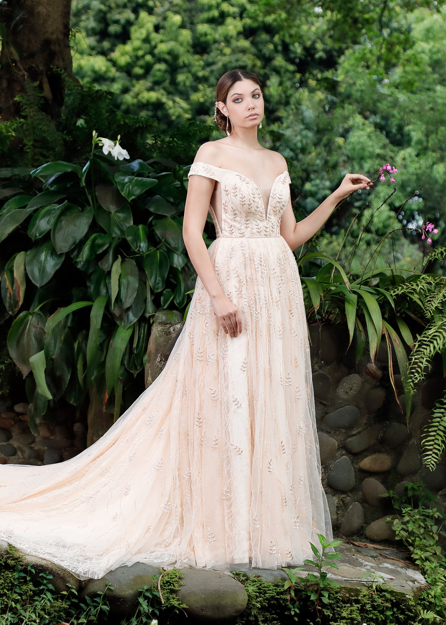Off Shoulder Ball Gown Wedding Dress with Layers of Chantilly Lace & Tulle | Lotus Threads Bridal
