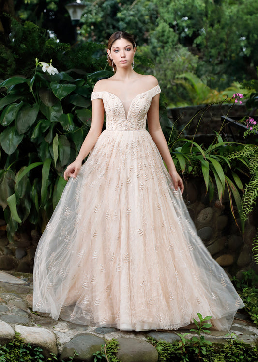 Off Shoulder Ball Gown with Layers of Chantilly Lace & Tulle | Lotus Threads Bridal