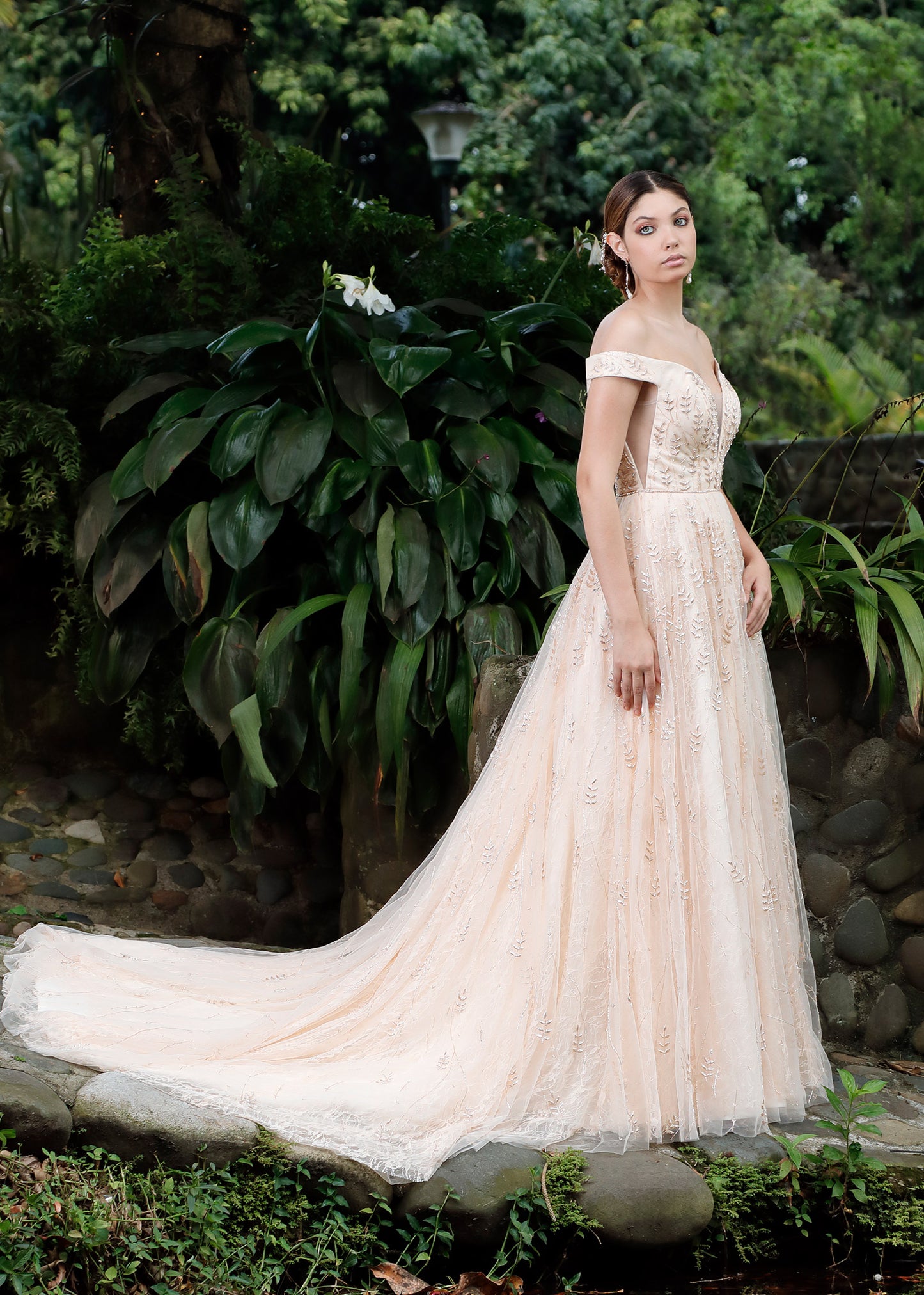 Off Shoulder Ball Gown Wedding Dress with Layers of Chantilly Lace & Tulle un color pink petal