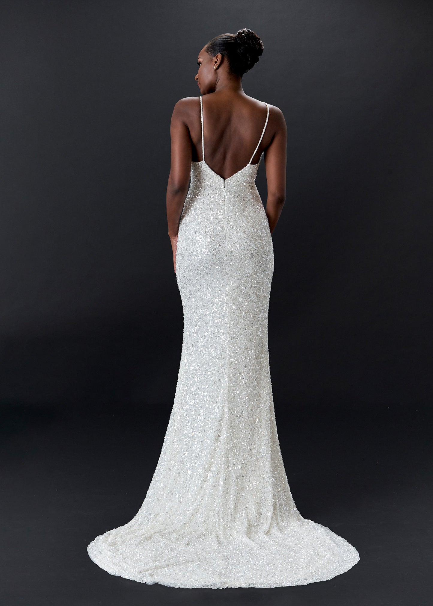 Crystal Beaded Tulle WEdding Dress with V-Neckline & Cathedral Train | Lotus Threads Bridal