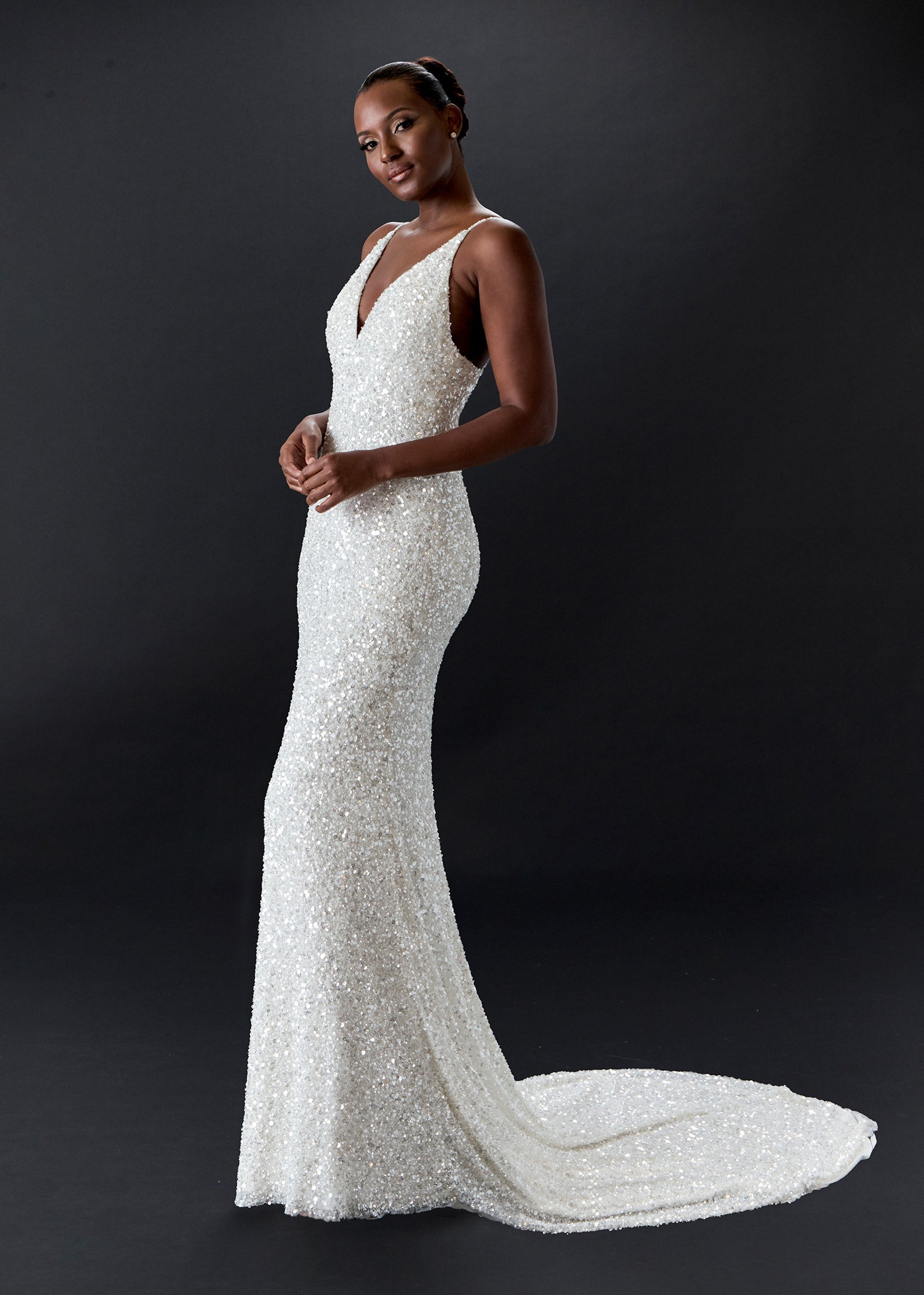 Crystal Beaded Tulle Gown with V-Neckline & Cathedral Train Lotus Threads Bridal Crystal Beaded Tulle Gown with V-Neckline & Cathedral Train Lotus Threads Bridal