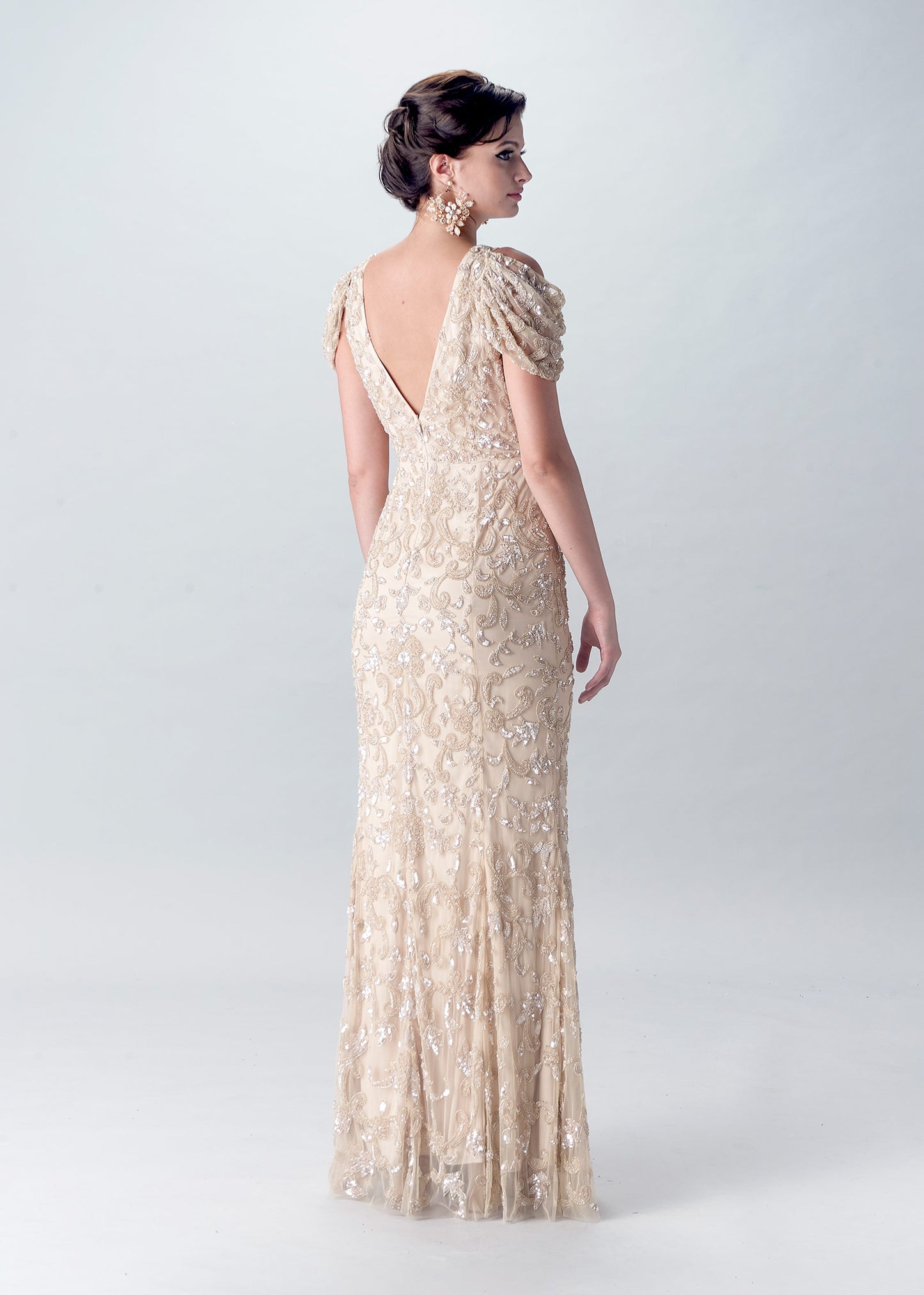 Elegant Sheath Gown with Cold-Shoulder Draped Sleeves | Evening Gown | Lotus Threads