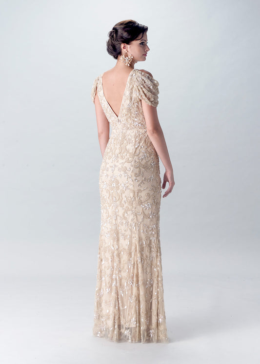 Elegant Sheath Gown with Cold-Shoulder Draped Sleeves | Evening Gown | Lotus Threads