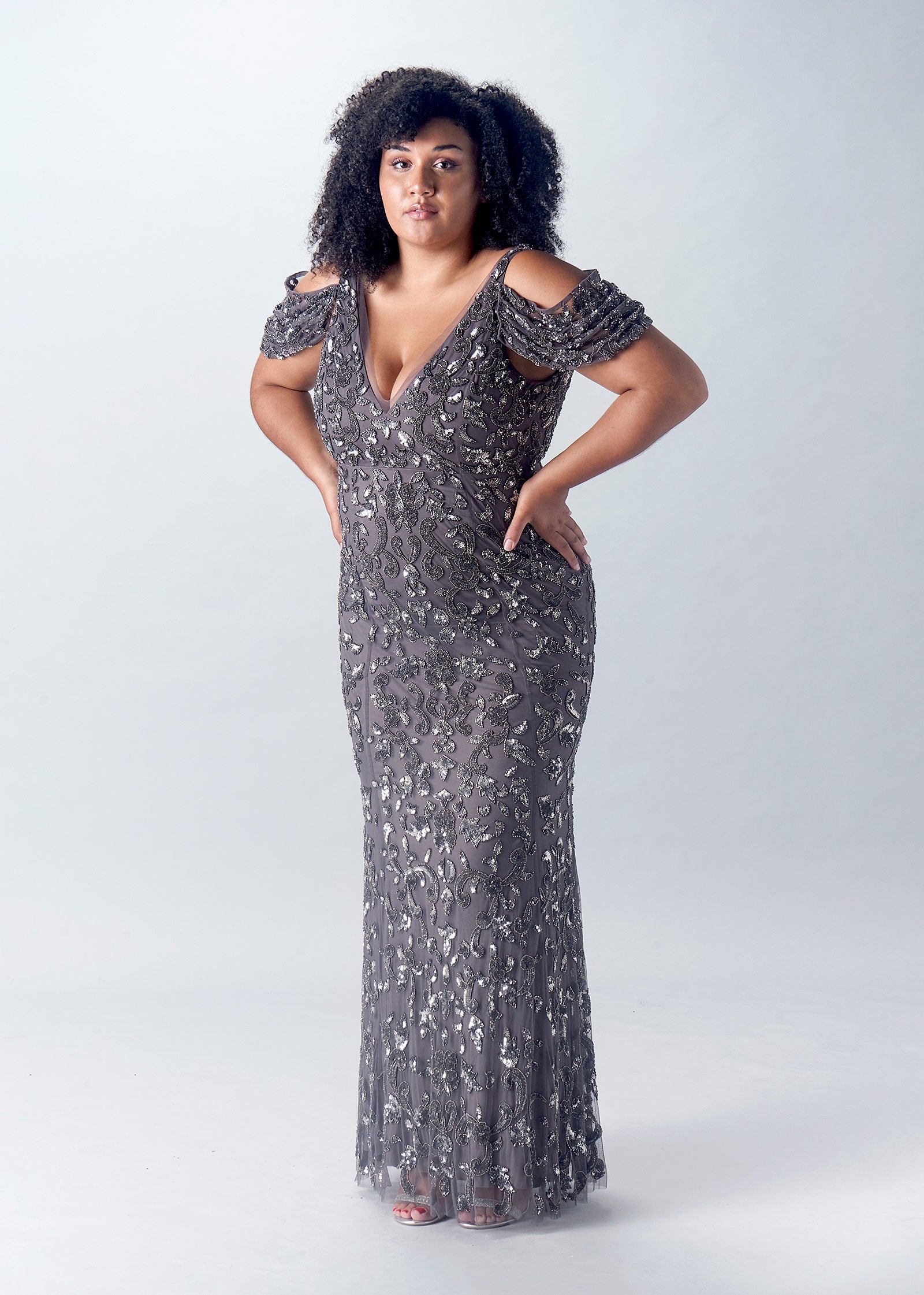 Elegant Sheath Gown with Cold-Shoulder Draped Sleeves | Gray Evening Gown | Lotus Threads