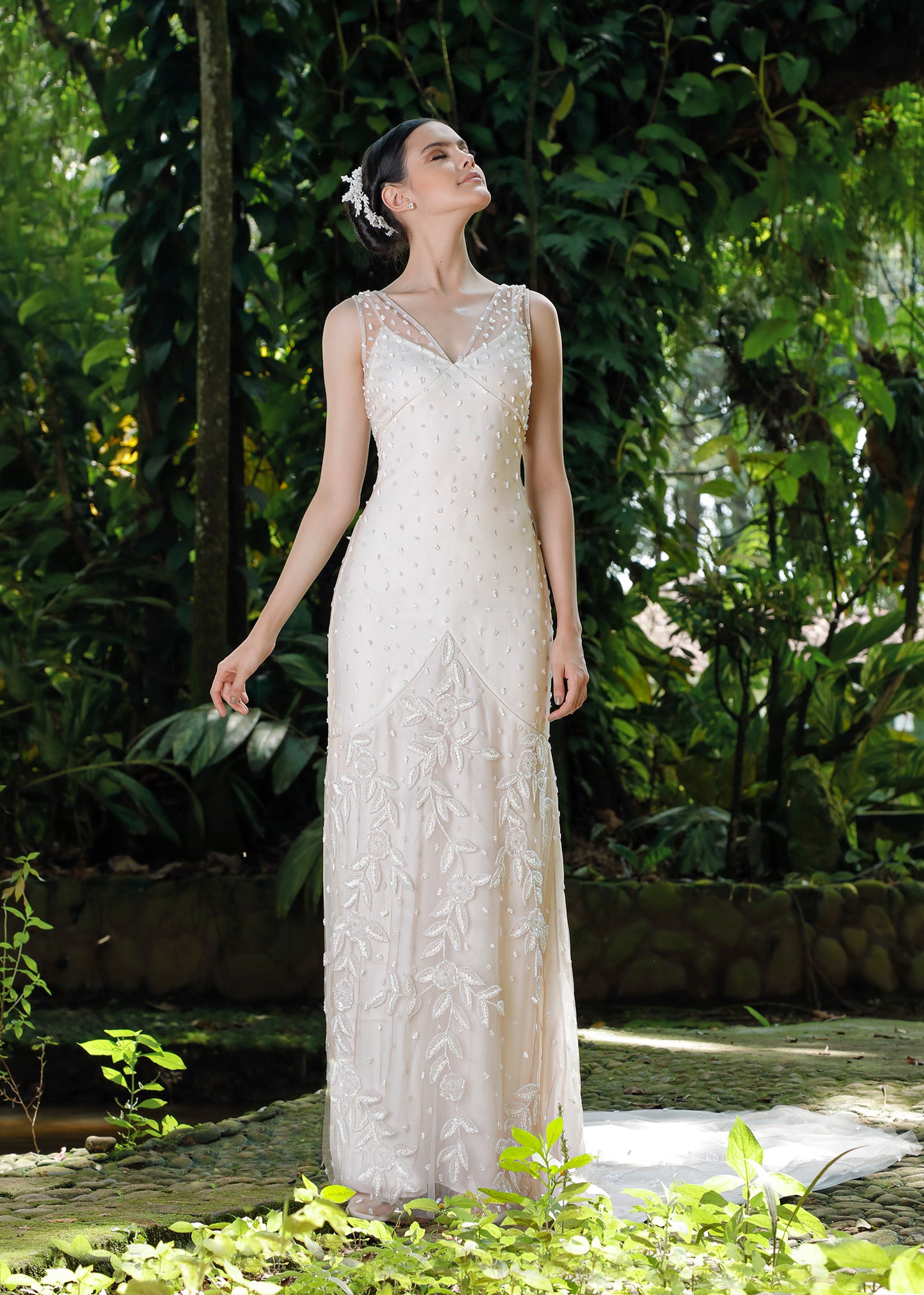 Romantic Sheath Wedding Dress with V-Neckline, Pearls and Crystals | Lotus Threads Bridal