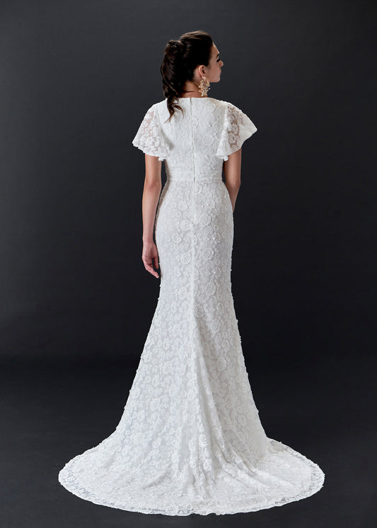 Flutter Sleeve V-Neck Lace Sheath Gown with Chapel Train  - back
