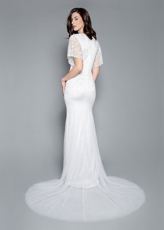 Flutter Sleeve Beaded Fit-to-Flare Gown with Chapel Train | Lotus Threads Bridal