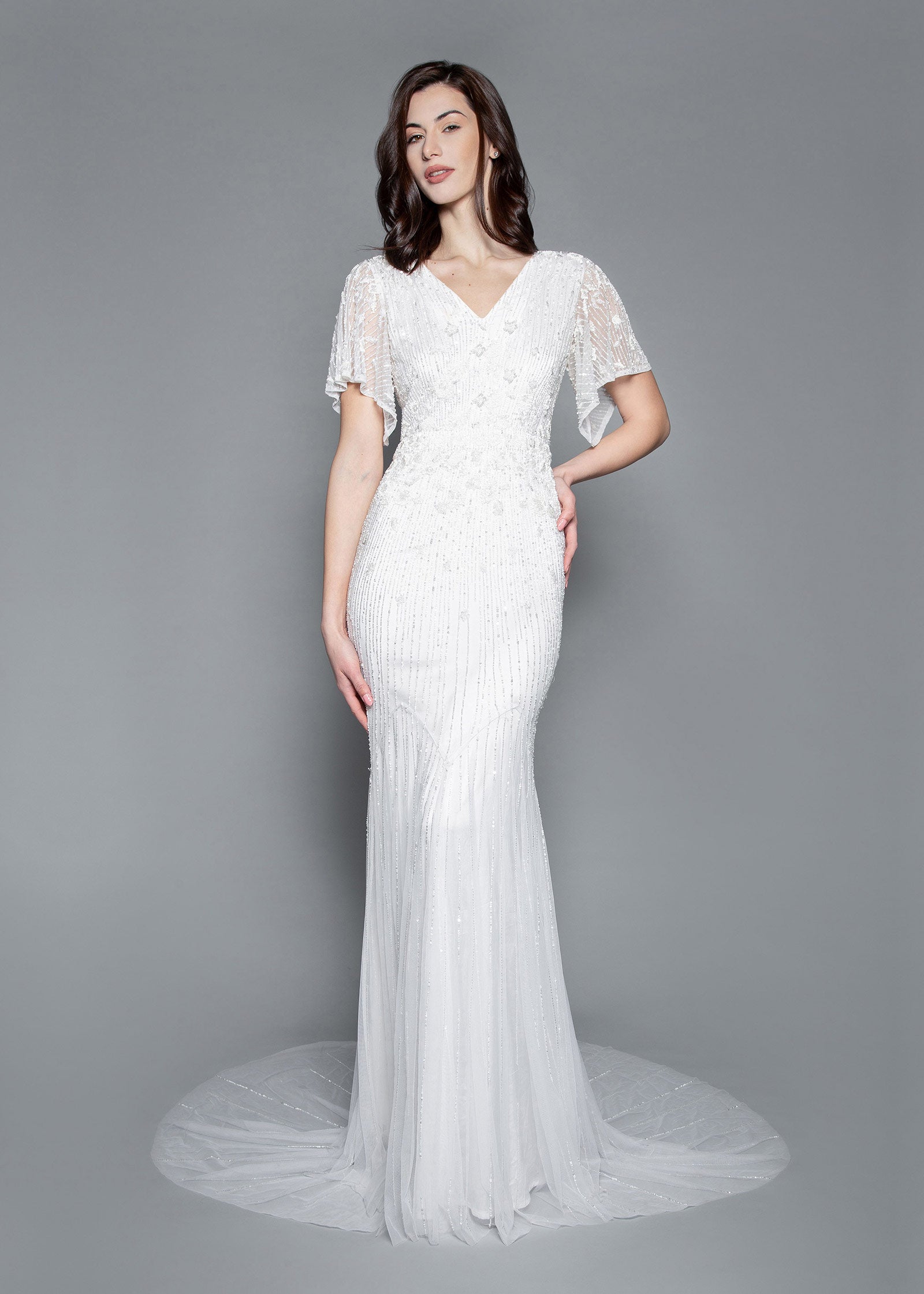 Flutter Sleeve Fit-to-Flare Wedding Dress with Chapel Train Lotus Threads Bridal Flutter Sleeve Fit-to-Flare Wedding Dress with Chapel Train Lotus Threads Bridal