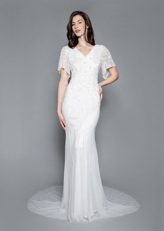 Flutter Sleeve Beaded Fit-to-Flare Wedding Dress with Chapel Train | Lotus Threads Bridal