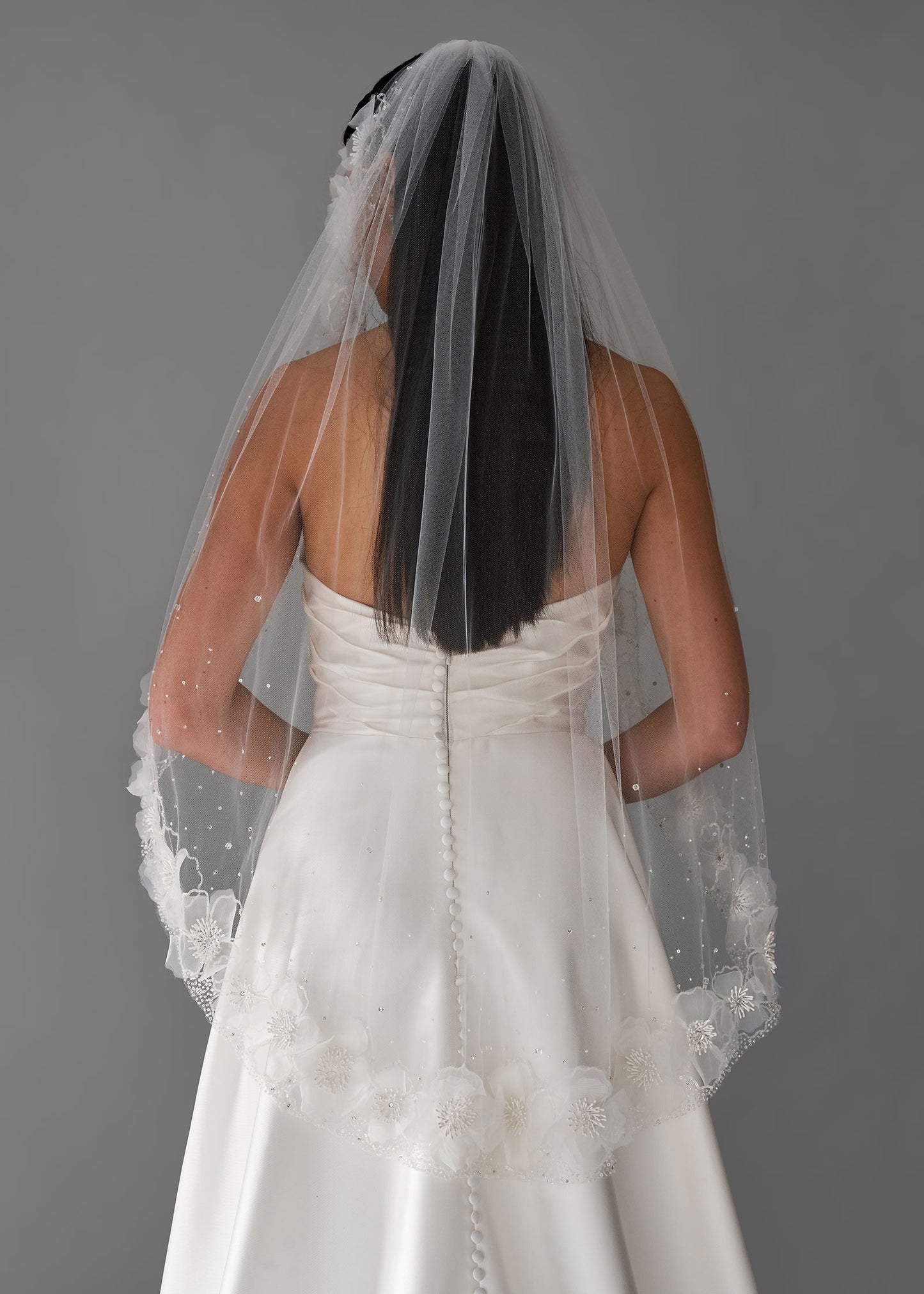 Wedding Veil with Tulle Flowers & Beaded Edge | Lotus Threads Bridal