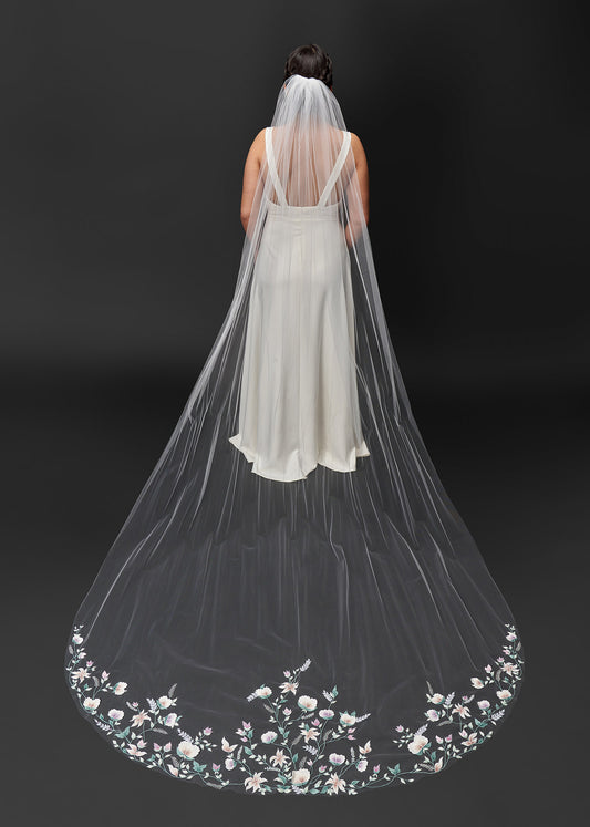 Cathedral Wedding Veil with Hand Painted Floral Design | Lotus Threads Bridal