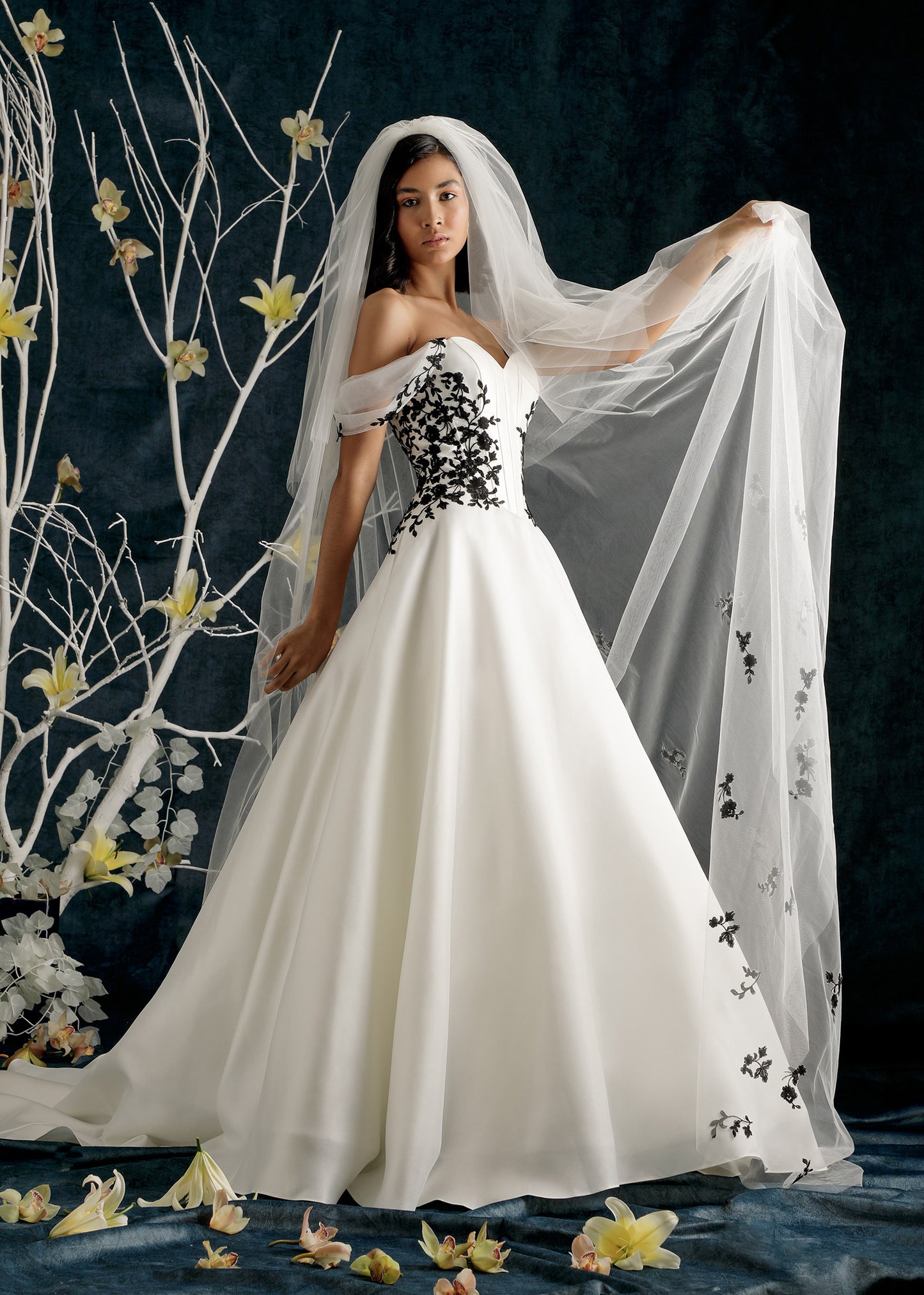 Elegant Diamond White Wedding Veil with Black Floral Lace | Lotus Threads Bridal