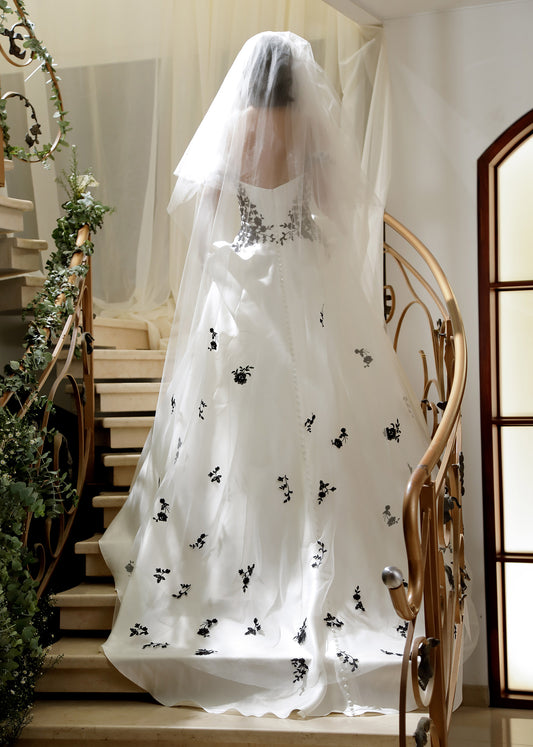 Elegant Wedding Veil with Black Floral Lace | Lotus Threads Bridal