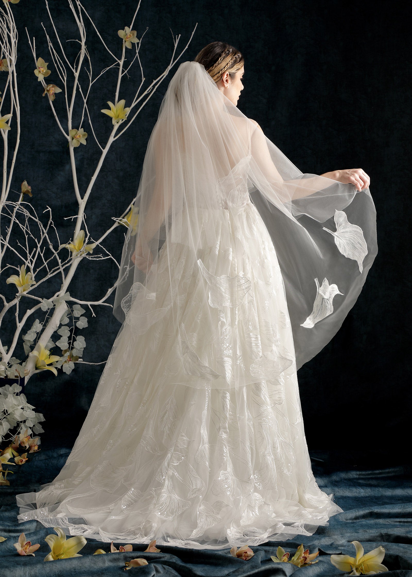 Tiered Wedding Veil with Layered Rose Lace Design – Lotus Threads