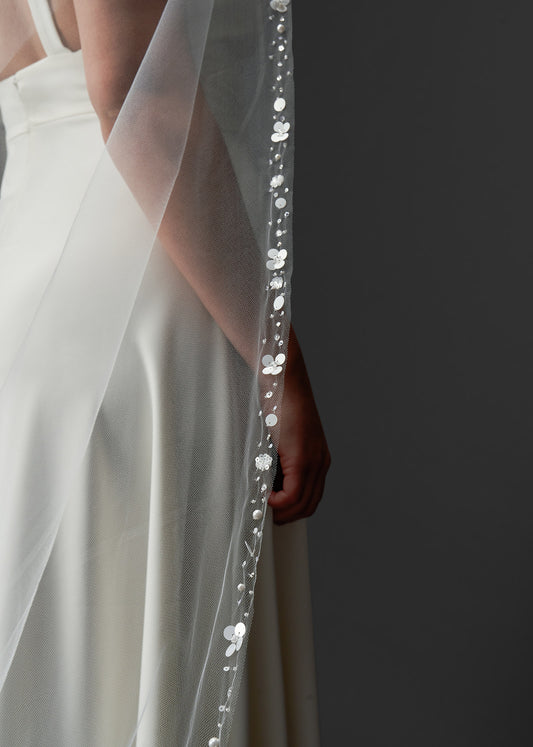 Sequin Floral Wedding Veil with Vertical Beading